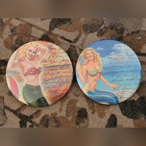 Risque Pin-Up Mermaid Celluloid Mirror Pocket Hand Blonde Sexy Cartoon Retro Vtg